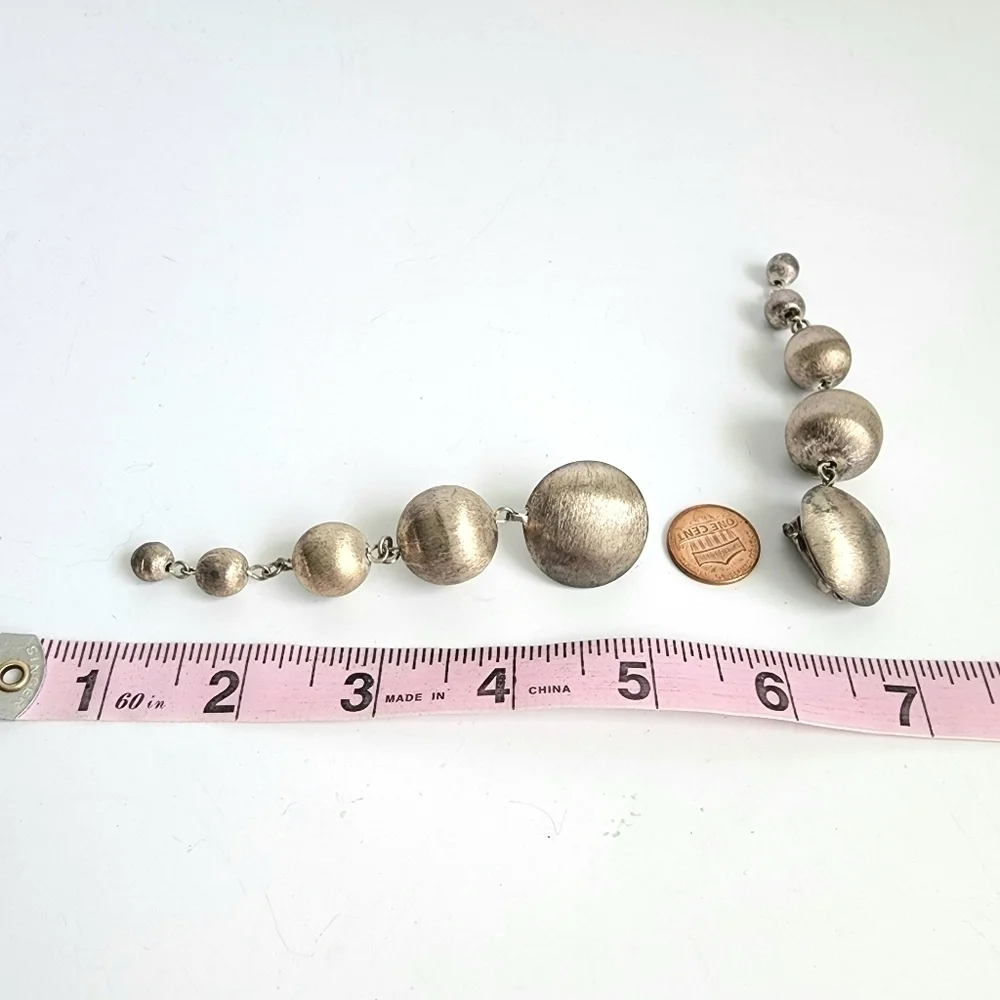 Vintage Clip-On Earrings RAGA Drop Textured Silver‎ Ball Sphere Beaded 60s 70s